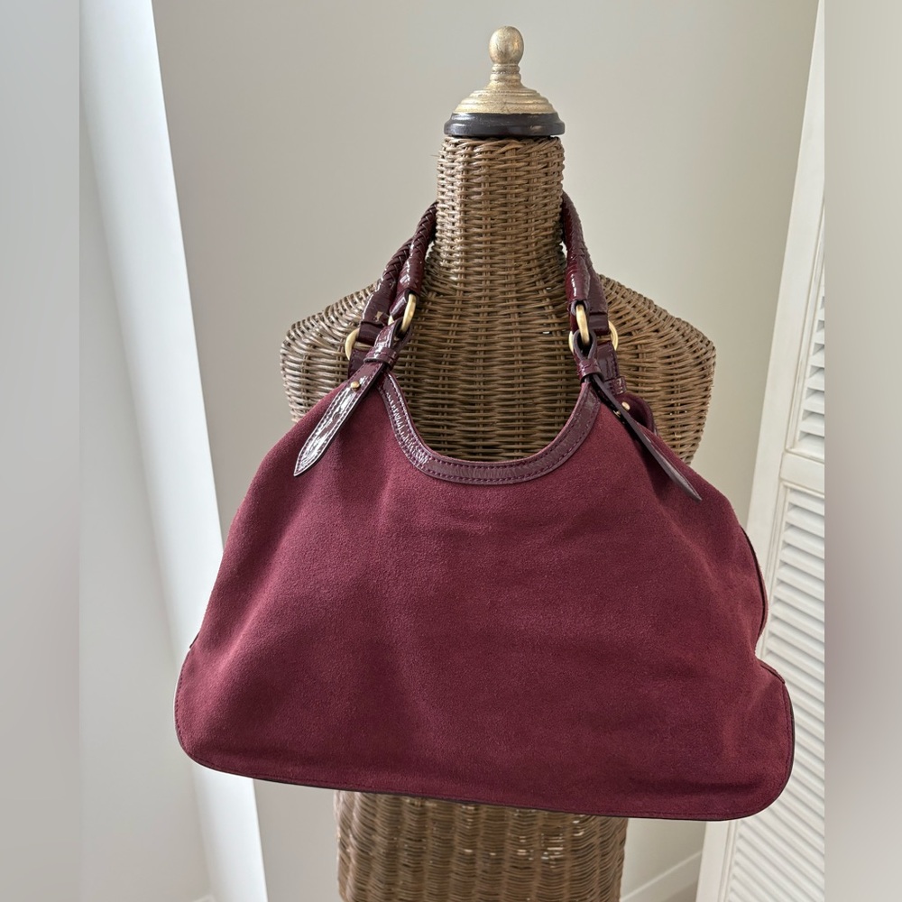 SOLD!  Cole Haan Suede / Patent Leather woven Handle Bag * Mulberry